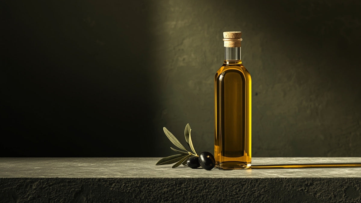 Editorial still-life of a glass bottle of golden olive oil with olives and an olive branch sprig, styled on textured stone in deep olive-brown, green and soft cream tones with a lime accent, no text