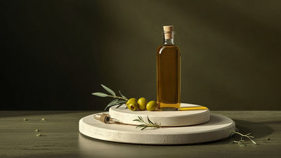 Editorial still-life of a glass bottle of golden olive oil with scattered olives and an olive branch sprig, styled on cream and dark olive-toned surfaces with a lime-green accent, minimalist premium wellness composition, no text