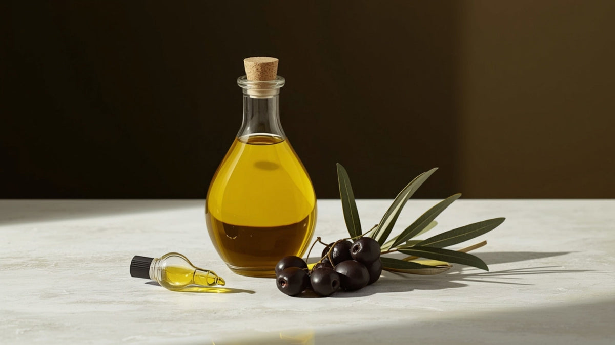 Editorial still-life of a glass bottle of golden olive oil with whole olives, a small olive branch sprig, and a glass dropper suggesting polyphenol concentration, styled on a textured cream surface with deep olive-brown and lime-green accents, no text
