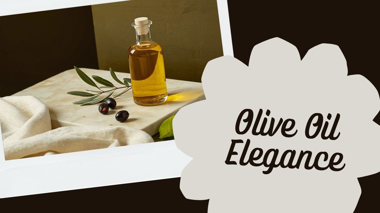 Editorial still-life of a glass bottle of golden extra virgin olive oil with whole olives and an olive branch sprig, styled on cream stone with deep olive-brown background and a lime-green accent, no text