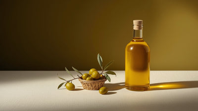 Editorial still-life of a glass bottle of golden olive oil with fresh olives, an olive branch sprig, and a harvest basket, styled in deep olive-brown and lime-green tones on a cream stone surface