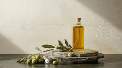 Editorial still-life of a glass bottle of golden olive oil with olives and an olive branch sprig, styled on textured cream and stone in deep olive, green and lime tones, no text