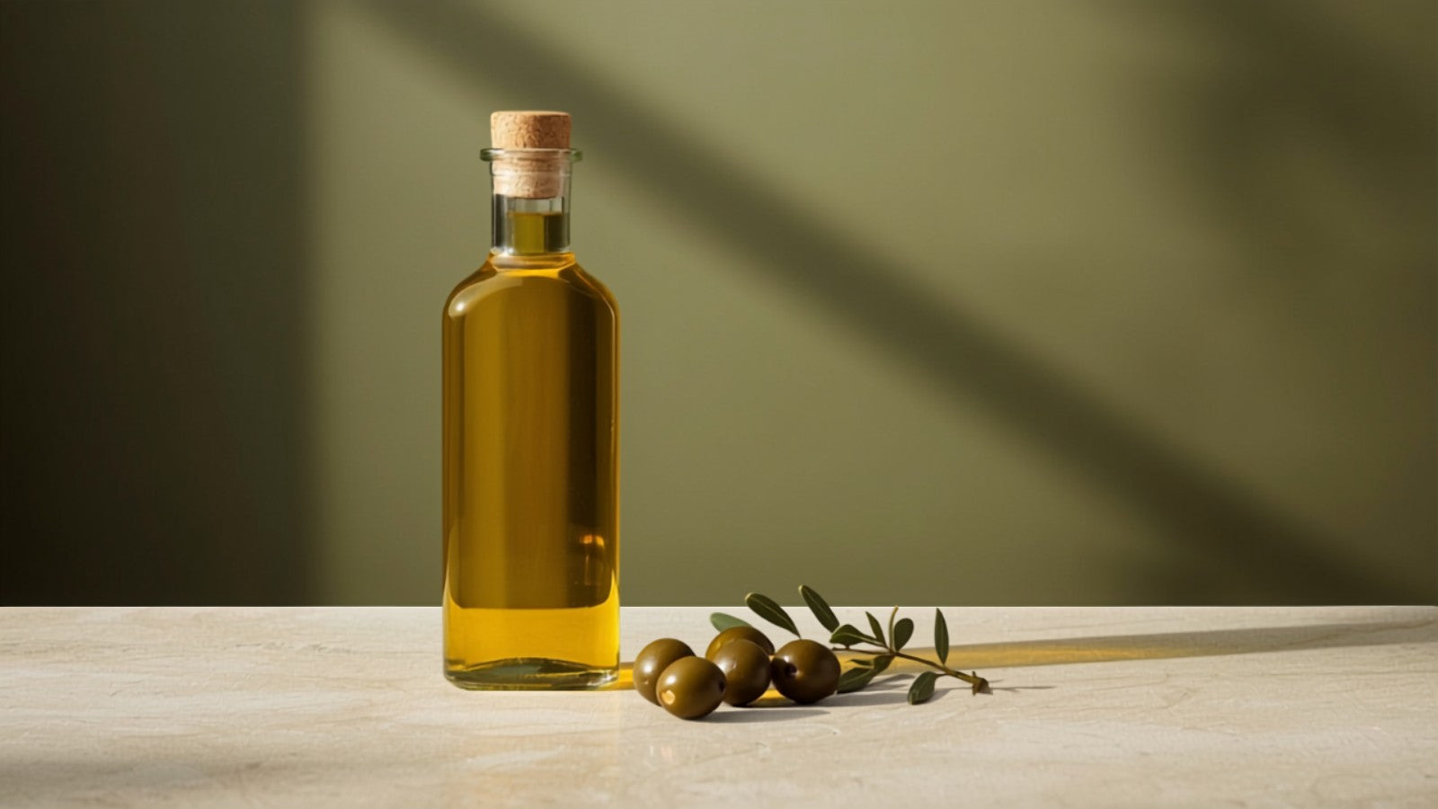 Editorial still-life photograph of a glass bottle of golden olive oil with whole olives and a small olive branch sprig, styled on textured cream stone against a deep olive-brown background with a soft lime-green accent