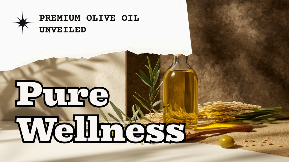 Editorial still-life of a glass bottle of fresh-pressed olive oil with olives, an olive branch sprig and a bowl of lentils, styled on cream and stone surfaces in deep olive, dark brown and lime-accented tones.